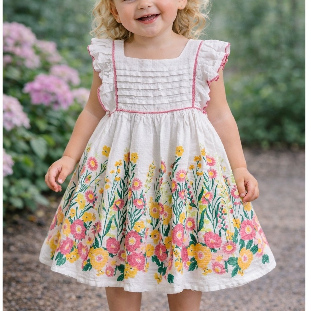 Haute Hippie Baby 24M White Floral Spring Cotton Ruffle Dress Pink‎ Yellow